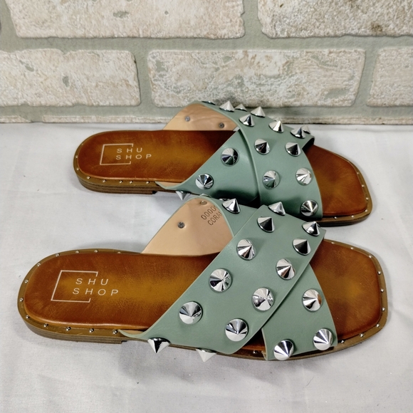ShuShop Shoes - ShuShop Green and Silver Studded Spiked Sandals Sz 6.5 Poolside Glam Edgy Chic